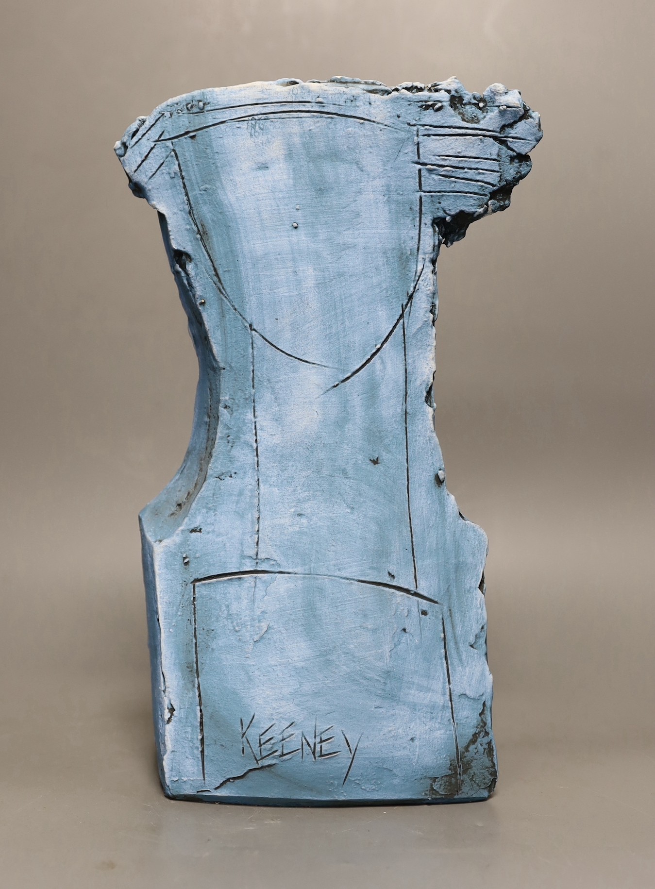Christy Keeney (b.1958), a signed pottery bust, 33cms high